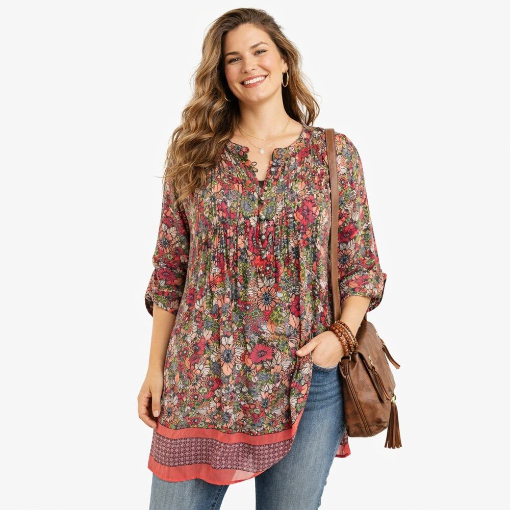 Woman Within Boho Floral Tunic Blouse Multicolor 18/20 L Relaxed Peasant Top